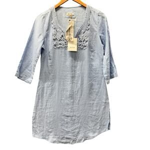 Malvin Dress Womens Medium Blue I Love Linen Tunic Coastal 3/4 Sleeve NEW